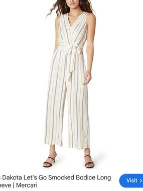 BB Dakota Striped Sleeveless Tie-Waist Jumpsuit in Ivory, Gray & Yellow